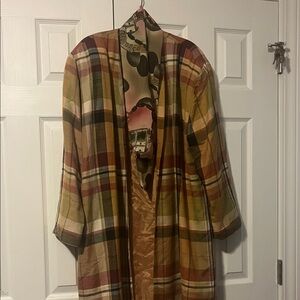 Givenchy Plaid Open-Front Robe in Olive, Rust and Cream